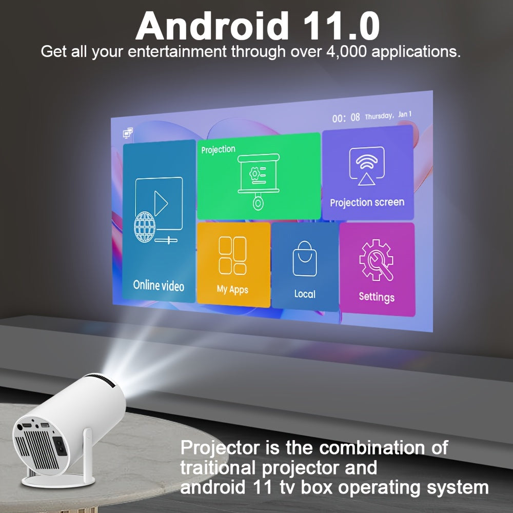 Android 11.0 4K Home Theater Projector - Dual WiFi, WiFi6, 200ANSI, HD 1280*720p, Wireless 5.0, Auto Correction, Mali-G312 GPU, Allwinner H713 Processor - Perfect for Movie Nights and Gaming
