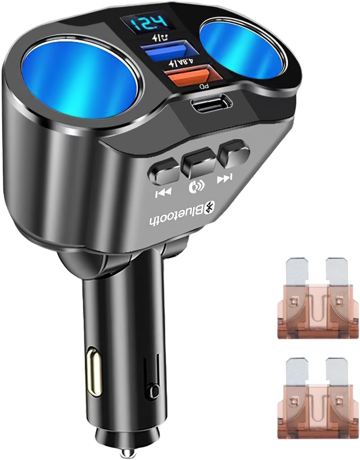 120W USB Type-C Car Charger, 12V/24V Cigarette Lighter Adapter with Dual 2.4A USB Ports, Fast Charging with LED Voltmeter for iPhone, Android, and GPS Devices