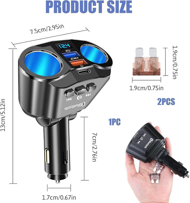 120W USB Type-C Car Charger, 12V/24V Cigarette Lighter Adapter with Dual 2.4A USB Ports, Fast Charging with LED Voltmeter for iPhone, Android, and GPS Devices