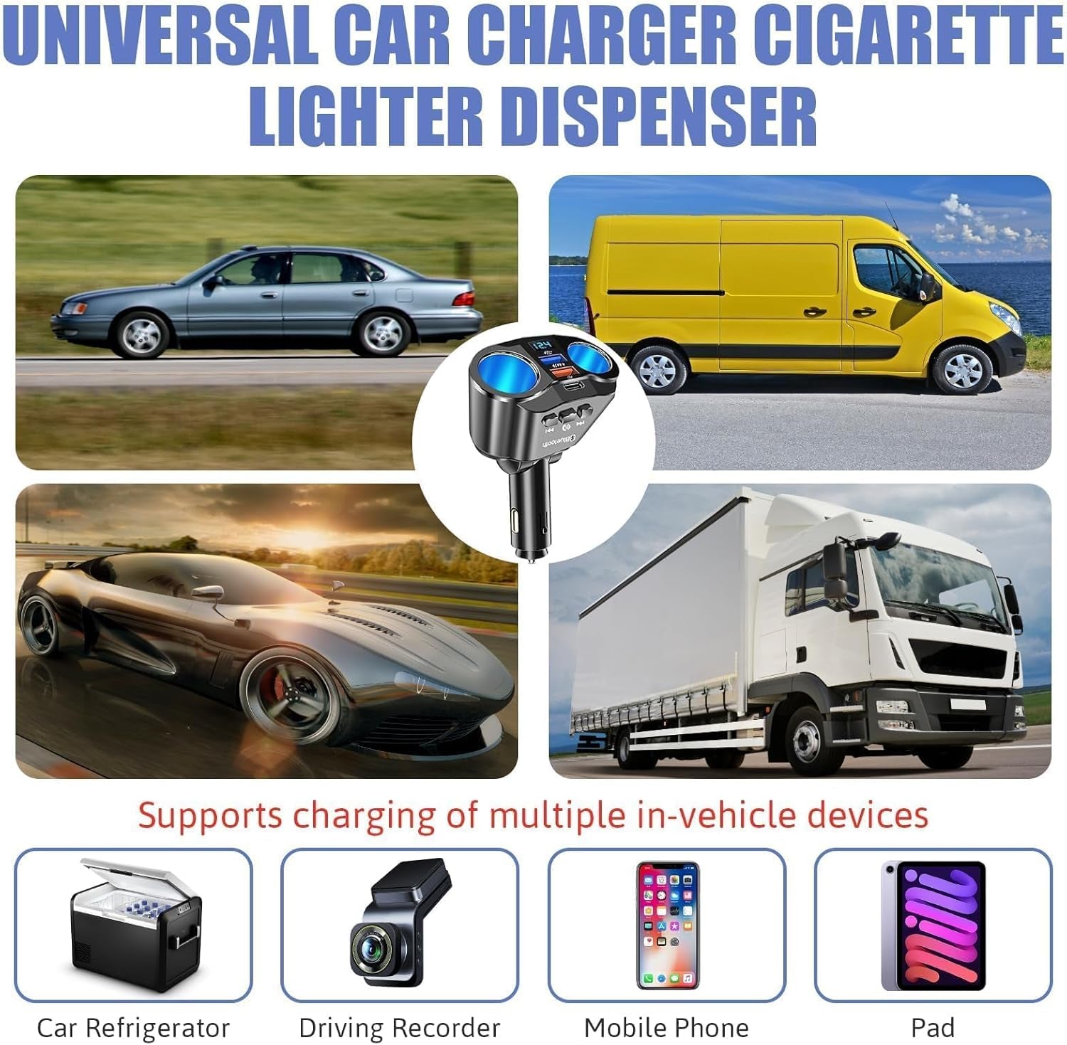 120W USB Type-C Car Charger, 12V/24V Cigarette Lighter Adapter with Dual 2.4A USB Ports, Fast Charging with LED Voltmeter for iPhone, Android, and GPS Devices