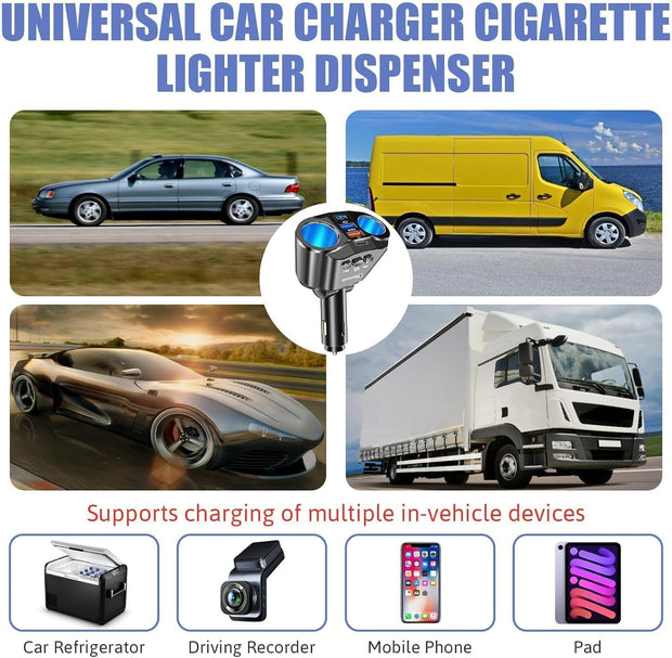 120W USB Type-C Car Charger, 12V/24V Cigarette Lighter Adapter with Dual 2.4A USB Ports, Fast Charging with LED Voltmeter for iPhone, Android, and GPS Devices