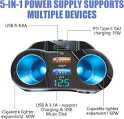 120W USB Type-C Car Charger, 12V/24V Cigarette Lighter Adapter with Dual 2.4A USB Ports, Fast Charging with LED Voltmeter for iPhone, Android, and GPS Devices