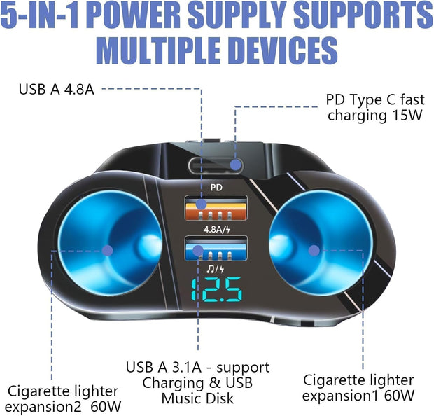 120W USB Type-C Car Charger, 12V/24V Cigarette Lighter Adapter with Dual 2.4A USB Ports, Fast Charging with LED Voltmeter for iPhone, Android, and GPS Devices