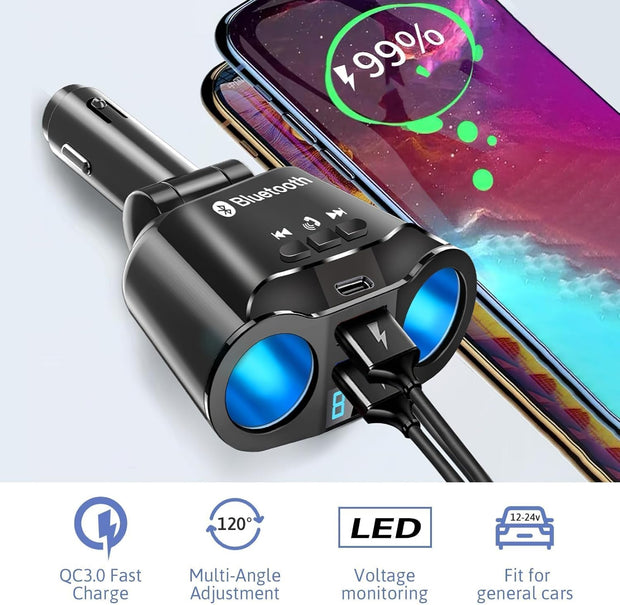 120W USB Type-C Car Charger, 12V/24V Cigarette Lighter Adapter with Dual 2.4A USB Ports, Fast Charging with LED Voltmeter for iPhone, Android, and GPS Devices